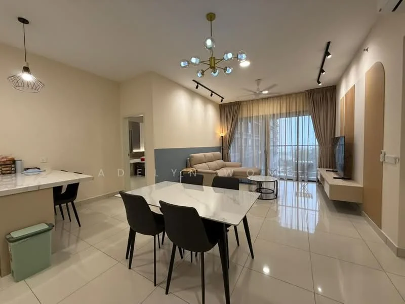 Living features: 3-seater fabric sofa in beige, coffee table, wall-mounted TV, TV console, floor-to-ceiling windows, sheer curtains, ceiling fan with light, recessed downlights, decorative wall with blue accent, area rug, light-colored walls, tile flooring; style: modern; view: city. Dining features: 6-seater dining table with white top, black dining chairs, open shelving unit, kitchen counter, green trash bin; style: modern.
