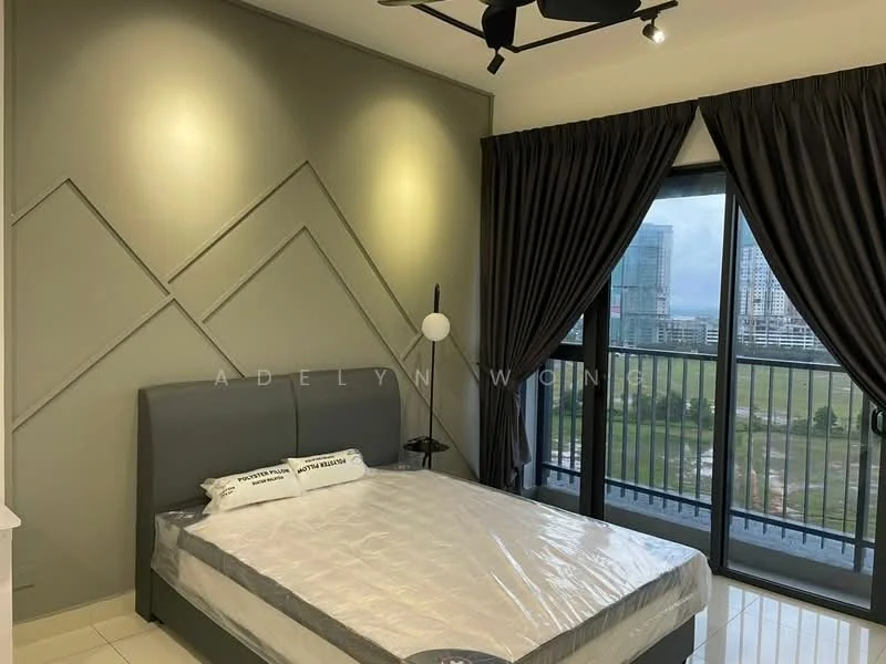 Bedroom features: queen-size bed with mattress protector, grey upholstered bed frame, decorative wall with geometric pattern, dark grey curtains, floor-to-ceiling windows, city view, ceiling fan with light, light-colored flooring, nightstand with lamp, built-in wardrobe; style: modern; view: city.