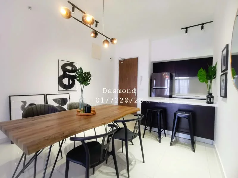 Dining features: wooden dining table, 6-seater dining table, black metal dining chairs, pendant lighting with multiple bulbs, framed artwork on walls, greenery in ceramic pot, white walls, tile flooring, open kitchen layout, stainless-steel fridge visible in background, black cabinetry in kitchen, countertop in kitchen area; style: modern.
