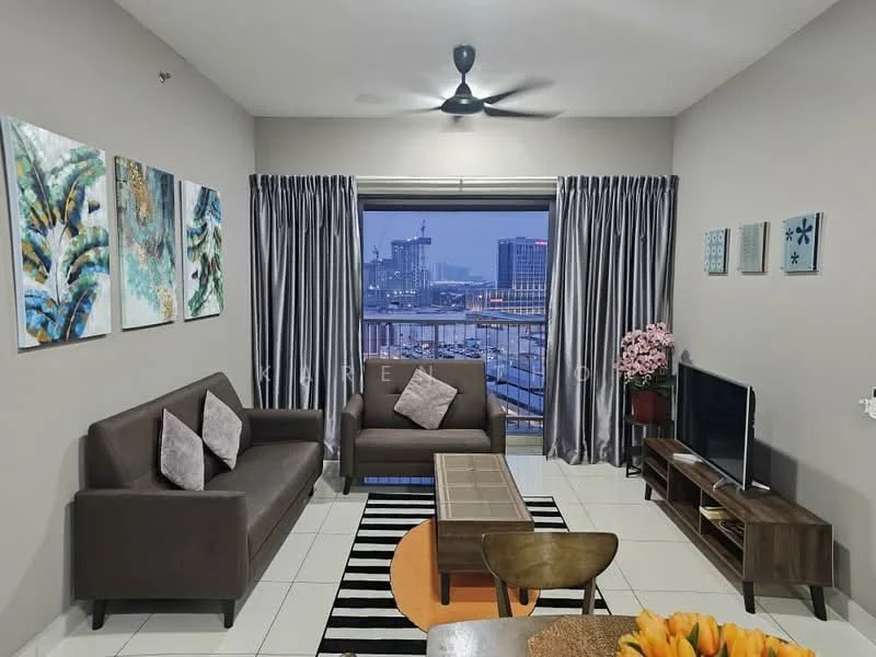 Living features: 2-seater brown leather sofa, 3-seater brown leather sofa, coffee table with wooden top, TV console with storage, wall-mounted TV, area rug with black and white stripes, floor-to-ceiling windows, grey curtains, ceiling fan with light, decorative wall art, potted plant, decorative vase with flowers; style: modern; view: city.