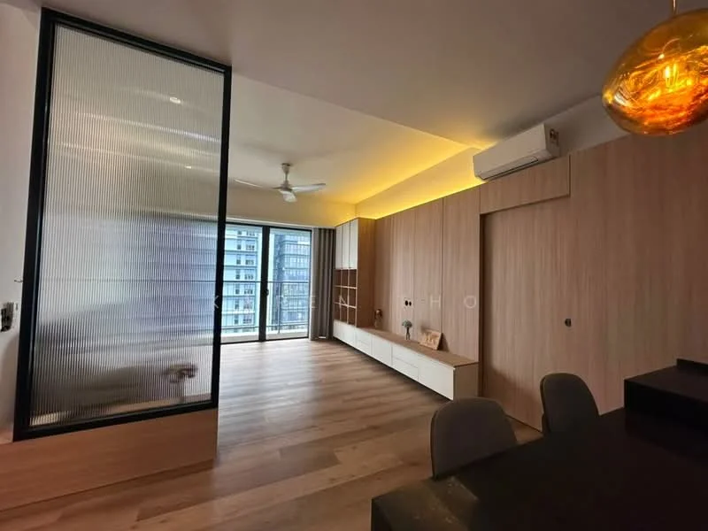 Living features: wooden flooring, white painted walls, ceiling fan, recessed LED lighting, large floor-to-ceiling windows, glass partition wall, built-in cabinetry, neutral color palette, wall-mounted air conditioning unit, open layout, decorative lighting fixture; style: modern; view: city.