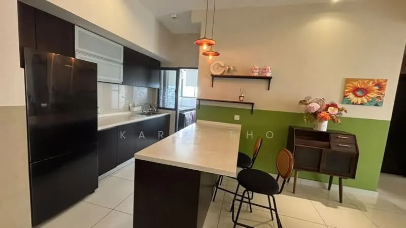 Kitchen features: black refrigerator, white countertop, dark wood cabinetry, open shelving, green accent wall, pendant lighting, stool seating at counter, ceramic tile flooring, sink, window with view, built-in oven, microwave; style: modern.