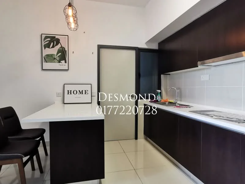Kitchen features: white countertop, dark wood cabinetry, stainless-steel sink, chrome pull-down faucet, built-in stove, exhaust hood, pendant light, white tiled backsplash, floor-to-ceiling cabinets, open shelving, tile flooring, framed artwork on wall, dining table with chairs; style: modern.