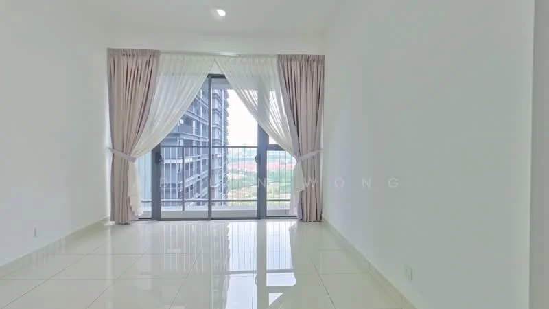 Living features: white painted walls, glossy ceramic tile flooring, floor-to-ceiling windows, sheer curtains, balcony access, natural light, neutral color scheme, open layout; style: modern; view: city.