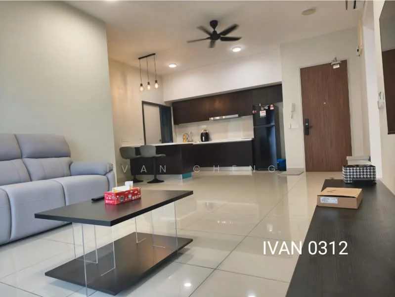 Living features: 3-seater fabric sofa in light grey, coffee table with black surface, wall-mounted TV, recessed downlights, 5-blade ceiling fan, large floor tiles in white, decorative wall shelf, open layout to kitchen, neutral wall colour; style: modern. Kitchen features: kitchen island with seating, black cabinetry, white countertop, built-in fridge, stainless-steel sink, chrome pull-down faucet, built-in oven, ceramic tile backsplash, recessed lighting; style: modern.