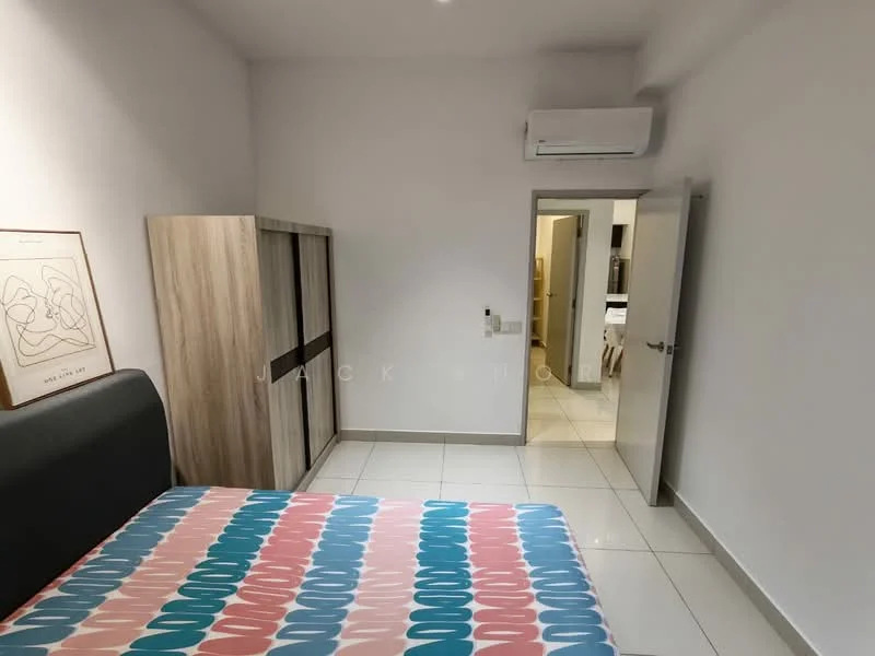 Bedroom features: queen-size bed with patterned bedding, wooden wardrobe with sliding doors, white painted walls, tile flooring, 1 wall-mounted split AC, framed artwork on wall, door leading to another room, neutral color scheme; style: modern.