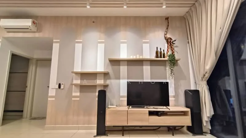 Living features: light grey painted walls, wood panel accent wall, recessed lighting, ceiling-mounted air conditioning unit, floor-to-ceiling windows, black TV console, wall-mounted TV, decorative plants, decorative shelves, cream curtains, white tiled flooring; style: modern.