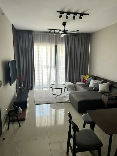 Living features: grey sectional sofa, round coffee table, TV console, wall-mounted TV, floor-to-ceiling windows, sheer curtains, dark wood dining table, 4 dining chairs, recessed LED downlights, 5-blade ceiling fan, light-coloured area rug, decorative wall art, ceramic tile flooring, neutral painted walls; style: modern; view: city.