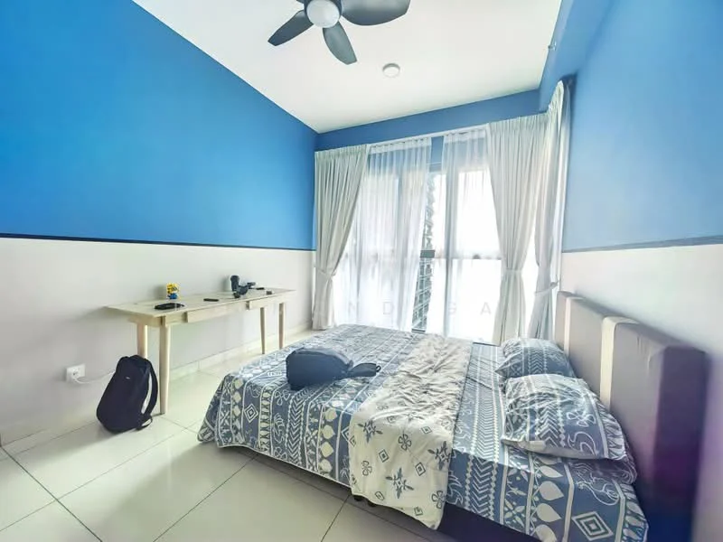 Bedroom features: blue painted walls, white painted walls, queen-size bed with patterned bedding, 2 bedside pillows, ceiling fan with light, floor-to-ceiling windows with sheer curtains, wooden table, black backpack, decorative flower vase, tile flooring; style: modern.