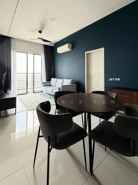 Living features: grey fabric sofa, ceiling fan, floor-to-ceiling windows, black accent wall, white painted walls, light-colored area rug, TV console, flat-screen TV, dining table with black legs, 4 black upholstered dining chairs, wooden sideboard, tile flooring; style: modern; view: city.