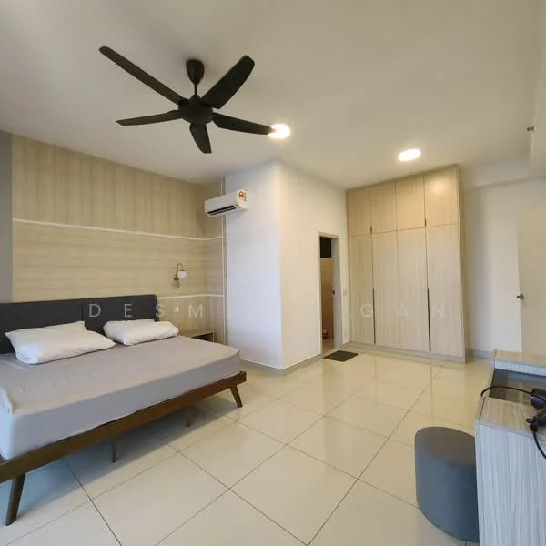 Bedroom features: queen-size bed, upholstered headboard, 2 bedside lamps, built-in wardrobe with sliding doors, wall-mounted split AC, ceiling fan with light, white painted walls, light-colored tile flooring, desk with chair, small stool, window with natural light; style: modern.