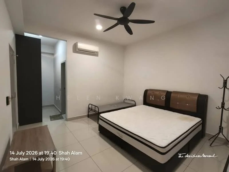 Bedroom features: queen-size bed, upholstered headboard, bedside lamps, built-in wardrobe, sliding mirror wardrobe, ceiling fan, wall-mounted split AC, white painted walls, tile flooring, decorative wall clock; style: modern.