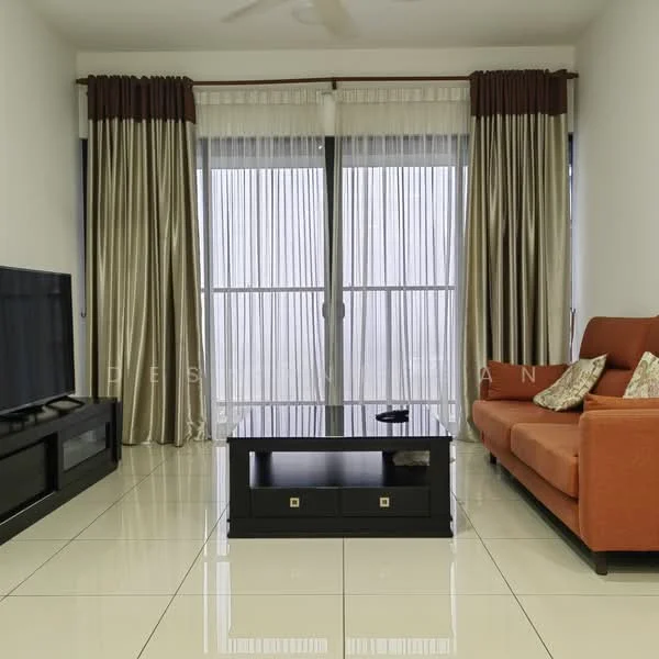 Living features: orange fabric sofa, black coffee table with drawers, wall-mounted TV, floor-to-ceiling windows, sheer curtains, heavy drapes, white painted walls, glossy tile flooring, ceiling fan; style: modern.