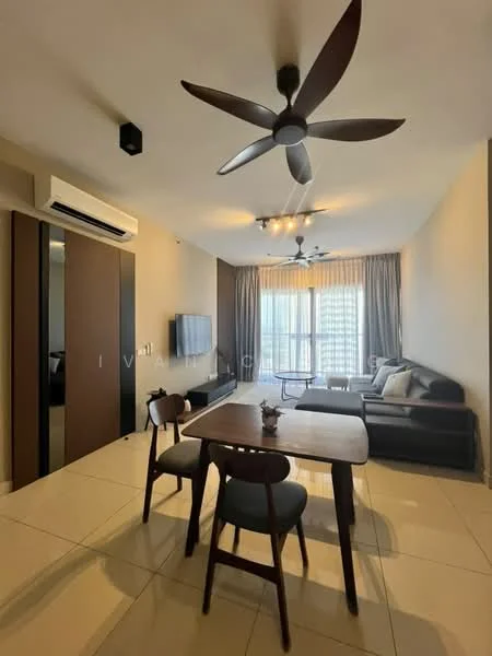Living features: 5-blade ceiling fan with light, wall-mounted TV, sofa in dark grey, coffee table, dining table with 4 chairs, floor-to-ceiling windows, curtains, wall-mounted air conditioning unit, light fixtures, tiles flooring, decorative plant; style: modern; view: city.