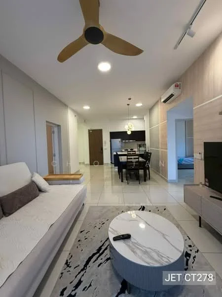 Living features: 3-seater fabric sofa in white, coffee table with marble top, area rug with abstract pattern, 5-blade ceiling fan with light, recessed LED downlights, wall-mounted TV, dining table for 6, kitchen area visible in background, white painted walls, tile flooring, sliding glass door, decorative wall paneling; style: modern.