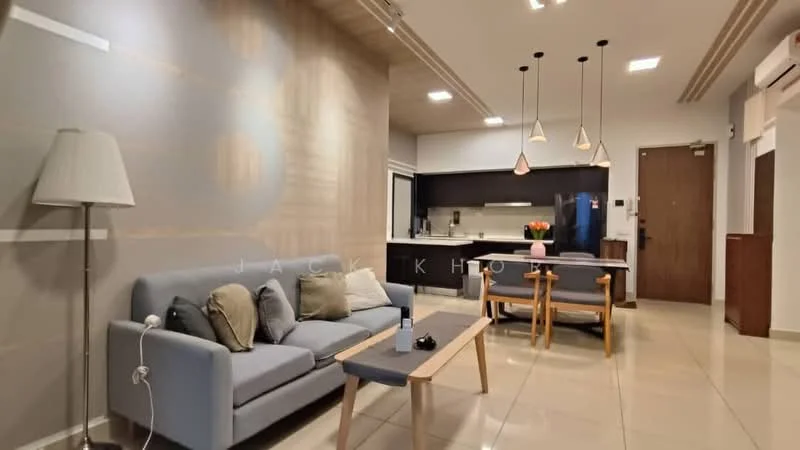 Living features: grey fabric sofa, wood coffee table, dining table with chairs, pendant lighting, wall-mounted TV, cream tiled flooring, white painted walls, kitchen area with dark cabinetry, recessed lighting, window with blinds; style: modern.