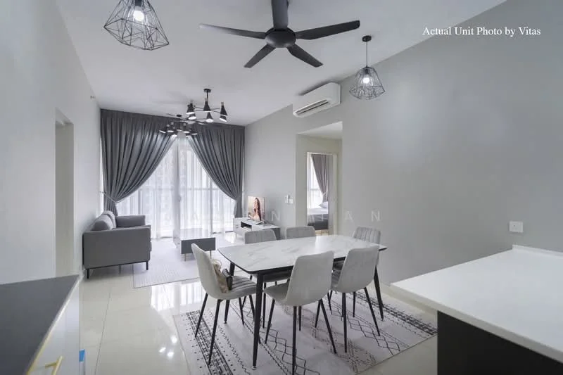Dining features: 6-seater dining table, upholstered dining chairs, pendant lighting, grey walls, marble dining table, area rug with geometric pattern, floor-to-ceiling windows, curtains, ceiling fan; style: modern; view: city. Living features: 3-seater fabric sofa in grey, coffee table, wall-mounted TV, light grey walls, recessed downlights, ceiling fan; style: modern; view: city.