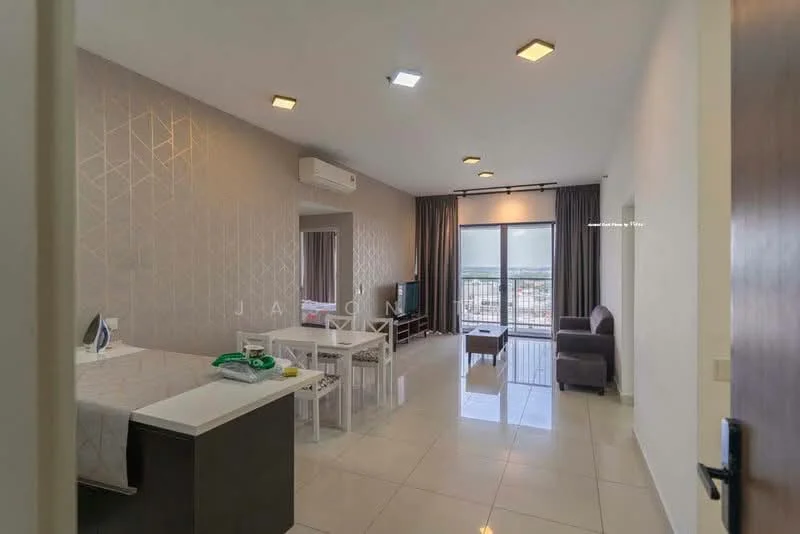 Living features: floor-to-ceiling windows, sliding glass door, grey accent wall, white painted walls, recessed LED downlights, 3-seater fabric sofa in grey, coffee table, TV console, wall-mounted TV, area rug, curtains, dining table with four chairs, air conditioning unit; style: modern; view: city. Kitchen features: white cabinetry, black countertop, stainless-steel sink, built-in stove, microwave, kettle, iron, dish rack; style: modern.