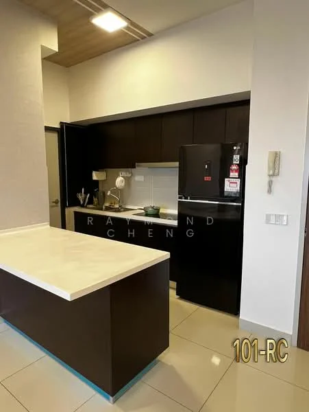 Kitchen features: white marble countertop, dark wood cabinetry, stainless-steel fridge, built-in oven, ceramic tile flooring, white backsplash, single-bowl stainless-steel sink, chrome pull-down faucet, kitchen island with seating, recessed downlights, wall-mounted cabinet, open shelving; style: modern.