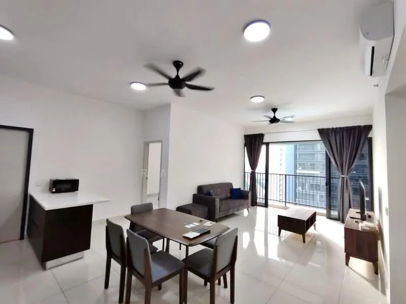 Living features: 3-blade ceiling fan, recessed LED downlights, floor-to-ceiling windows, sliding glass door, grey fabric sofa, wooden coffee table, 4-seater dining table, grey upholstered dining chairs, white walls, cream tiled flooring, curtains, wall-mounted air conditioning unit; style: modern; view: city. Kitchen features: white countertop, microwave, kitchen cabinetry, open layout; style: modern.