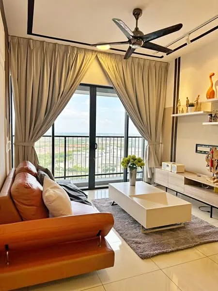 Living features: 3-seater leather sofa in orange, coffee table in white, area rug in grey, floor-to-ceiling windows, curtains in beige, ceiling fan with light, TV console, decorative figurines on shelves, houseplants in ceramic pots, wall-mounted TV; style: modern; view: city.