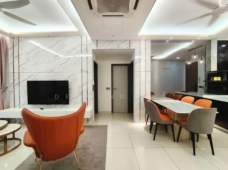 Living features: marble accent wall, white painted walls, recessed LED downlights, 5-blade ceiling fan, wall-mounted TV, grey area rug, orange accent chair, white coffee table, open layout to dining area; style: modern. Dining features: 6-seater dining table, upholstered dining chairs in grey and orange, pendant lighting above dining table, open layout to living area, white cabinetry in background; style: modern.