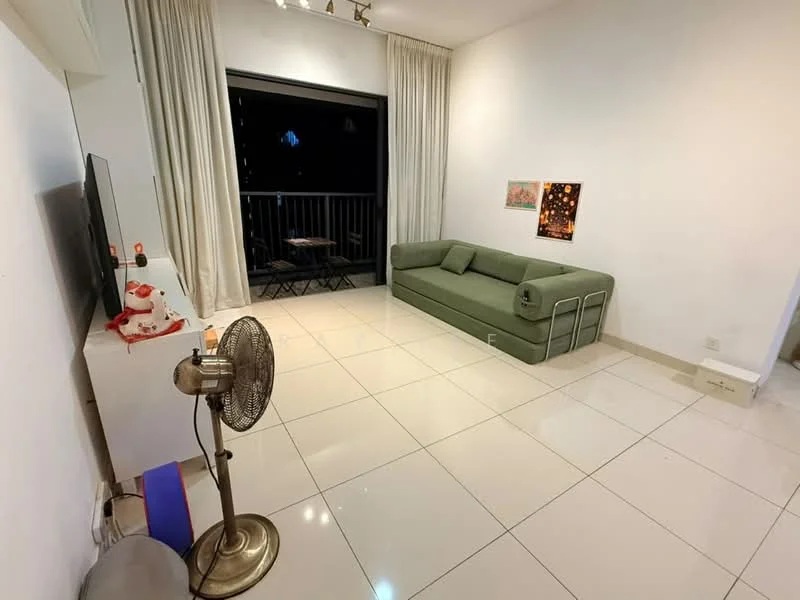 Living features: green fabric sofa, white painted walls, glossy white tile flooring, floor-to-ceiling windows, sheer curtains, wall-mounted TV, decorative wall art, standing fan, small round dining table on balcony, balcony view; style: modern; view: city.