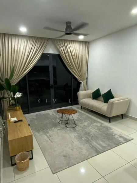 Living features: 3-seater fabric sofa in beige, green decorative cushions, round coffee table with metal legs, area rug with neutral tones, floor-to-ceiling windows, sheer curtains in cream, dropped ceiling with recessed lighting, ceiling fan with light, wooden console table, decorative plant in pot, basket for storage; style: modern.