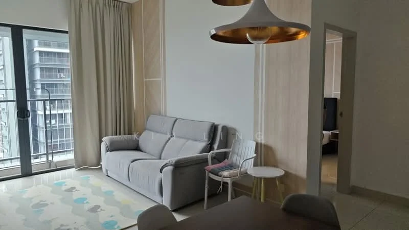 Living features: grey fabric sofa, white side chair, round pendant light, floor-to-ceiling windows, sheer curtains, light wood accent wall, area rug with abstract pattern, dining table in background; style: modern; view: city.