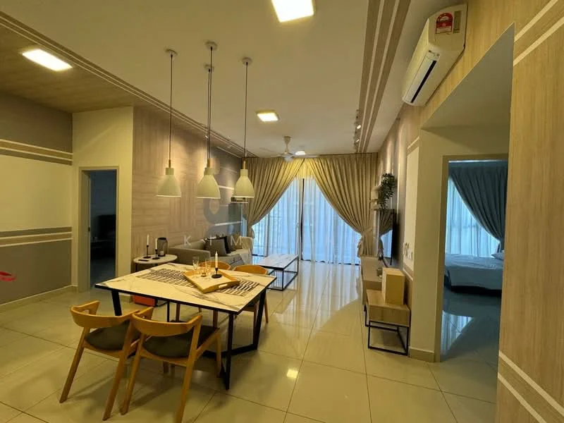 Living features: white painted walls, light wood paneling, glossy tile flooring, 5-blade ceiling fan with light, recessed downlights, large floor-to-ceiling windows, sheer curtains, dining table with white tablecloth, 4 wooden dining chairs, sofa with cushions, decorative plant, TV console, wall-mounted TV; style: modern. Room features: grey curtains, bed visible in background.