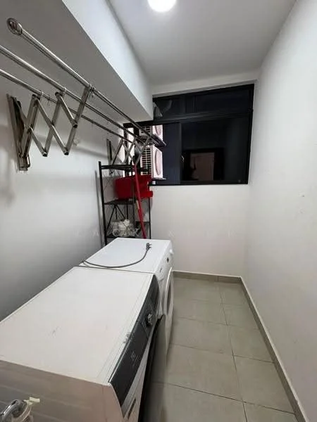 Laundry features: white front-load washing machine, white front-load dryer, grey tiled flooring, white painted walls, window with black frame, metal drying rack, open shelving unit, ceiling light; style: modern.