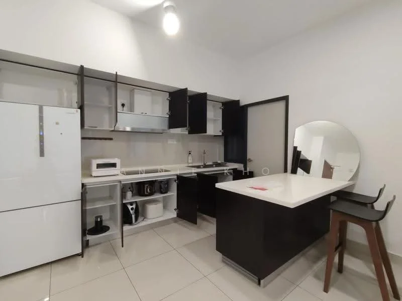 Kitchen features: white cabinets with black handles, stainless-steel fridge, built-in microwave, white countertop, black bar stools, open shelving, ceramic tile flooring, recessed ceiling lights, kitchen sink, kettle, toaster, dishwasher, wall-mounted cabinet; style: modern.