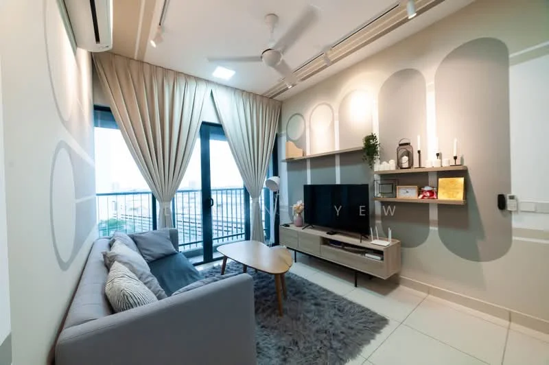 Living features: 3-seater fabric sofa in grey, wooden coffee table, wall-mounted TV, TV console, area rug with fluffy texture, floor-to-ceiling windows, sheer curtains, ceiling fan with light, decorative wall shelves, wall decor with circular patterns, recessed lighting, light-colored painted walls; style: modern; view: city.