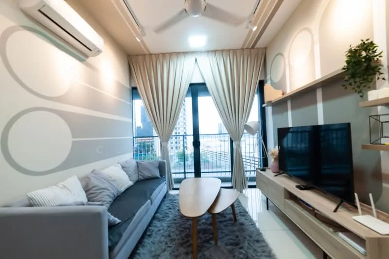 Living features: 3-seater fabric sofa in grey, coffee table, TV console, wall-mounted TV, area rug with geometric pattern, floor-to-ceiling windows, sheer curtains, 1 wall-mounted split AC, recessed downlights, decorative plant, light-colored walls with geometric pattern, light-colored ceiling, sliding glass door; style: modern; view: city.
