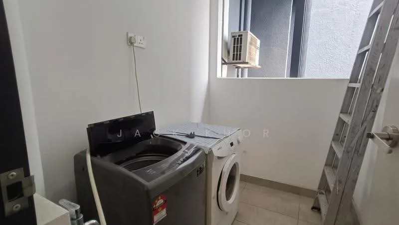 Laundry features: front-load washing machine, top-load washing machine, window with view, air conditioning unit, tile flooring, white painted walls, ladder, countertop, power outlet.