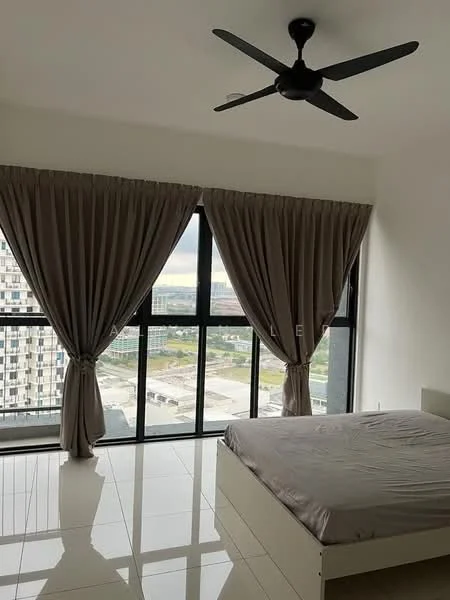 Bedroom features: floor-to-ceiling windows, grey curtains, queen-size bed, white bed frame, polished tile flooring, black ceiling fan, city view; style: modern; view: city.