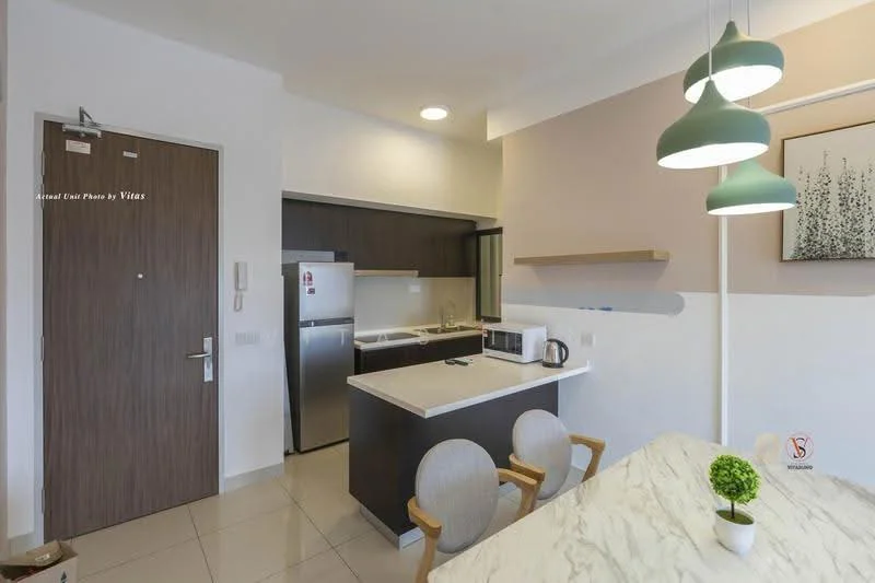 Kitchen features: white painted walls, light-colored cabinetry, marble countertop, stainless-steel fridge, built-in microwave, kitchen island with seating, pendant lighting, ceramic tile flooring, sink, stainless-steel faucet; style: modern.