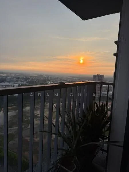 Balcony features: railing, flooring, potted plants, city view, sunset view; view: city.