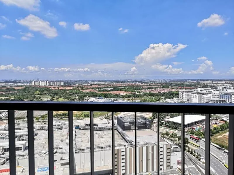Exterior type: high-rise condominium; features: city skyline view, balcony railing, clear blue sky, distant greenery, urban landscape, visible rooftops, parking area below; style: modern.