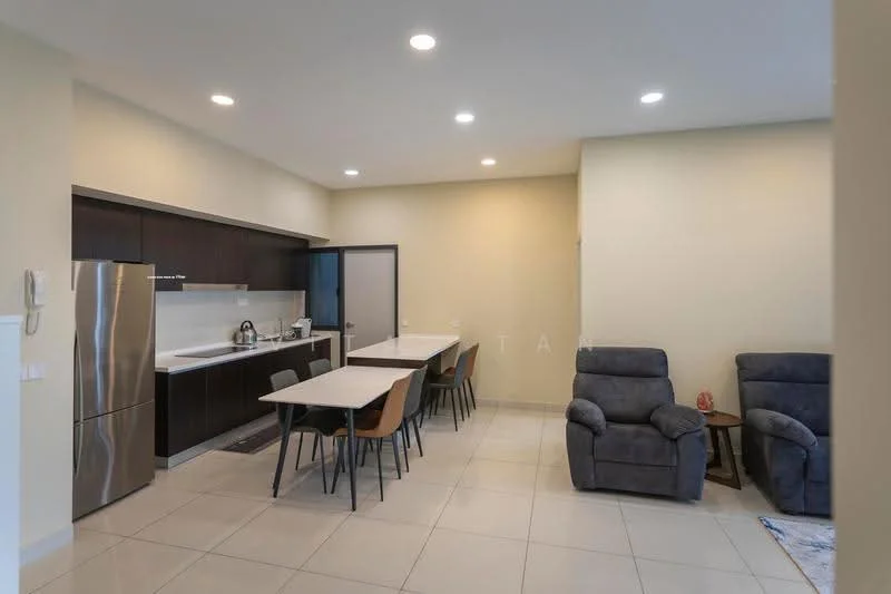 Dining features: rectangular dining table with 6 chairs, grey upholstered dining chairs, stainless-steel fridge, built-in kitchen cabinetry in dark wood, white countertop, ceramic tile flooring, recessed LED downlights, open layout to living area, grey fabric recliner chair, light beige painted walls; style: modern. Kitchen features: stainless-steel sink, chrome pull-down faucet, built-in oven, 4-burner gas hob, microwave, kitchen island, white backsplash, dark wood cabinetry; style: modern. Living features: grey fabric recliner chair, light beige painted walls, ceramic tile flooring, recessed LED downlights, open layout to dining area; style: modern.