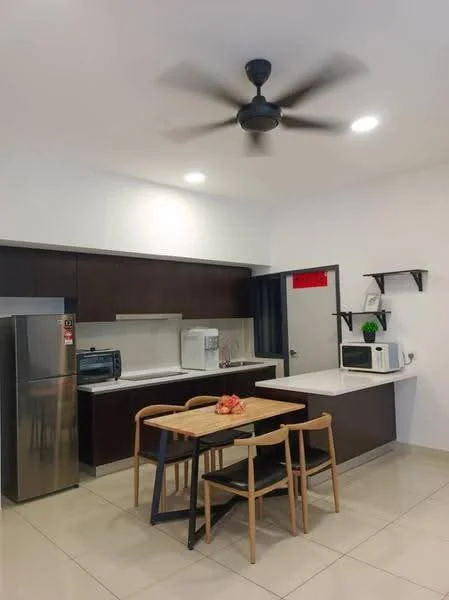 Kitchen features: stainless-steel fridge, built-in microwave, freestanding range oven, white countertop, dark wood cabinetry, open shelving, 4-seater dining table, ceiling fan with light, recessed downlights, ceramic tile flooring, white walls; style: modern.
