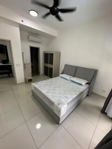 Bedroom features: queen-size bed, upholstered headboard, 2 white pillows, light grey bedding, ceiling fan, wall-mounted air conditioning unit, built-in wardrobe with sliding doors, tile flooring, white painted walls, nightstand, light fixture on ceiling; style: modern.