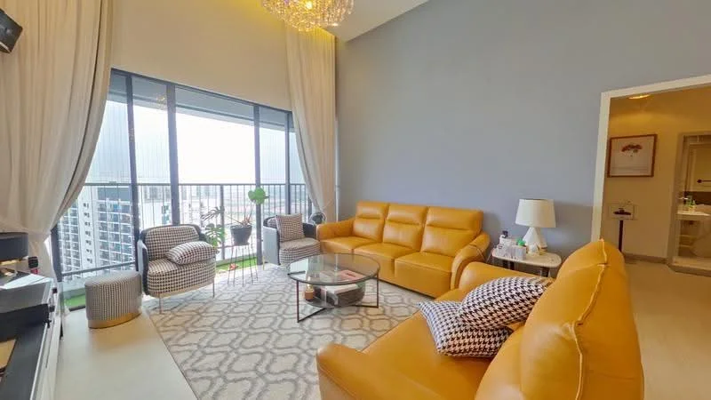 Living features: yellow leather sofa, 2 accent chairs with checkered pattern, glass coffee table, area rug with geometric pattern, floor-to-ceiling windows, curtains, wall-mounted TV, decorative wall art, plant in ceramic pot, recessed lighting, chandelier; style: modern; view: city. Room features: doorway leading to bathroom, light-colored walls, neutral flooring.