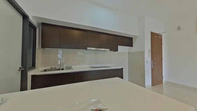 Kitchen features: dark wood cabinetry, white countertop, stainless-steel sink, chrome pull-down faucet, built-in stove, wall-mounted range hood, tile backsplash, ceramic tile flooring, recessed downlights, open layout, window for natural light, neutral wall color; style: modern.