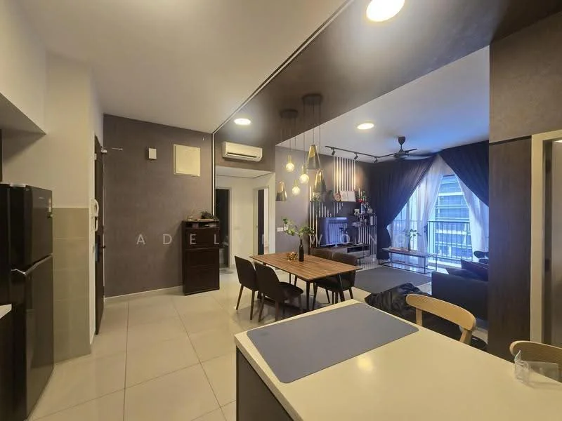 Kitchen features: white cabinetry, stainless-steel fridge, built-in oven, 4-burner gas hob, single-bowl stainless-steel sink, chrome pull-down faucet, grey countertop, tile backsplash, pendant lighting, recessed downlights, open shelving; style: modern. Living features: 3-seater fabric sofa in dark grey, coffee table, TV console, wall-mounted TV, area rug, ceiling fan, floor-to-ceiling windows, curtains; style: modern; view: city. Dining features: 6-seater dining table, wooden dining chairs, pendant lighting; style: modern.
