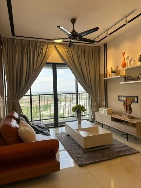 Living features: 3-seater leather sofa in brown, coffee table, TV console, wall-mounted TV, area rug, floor-to-ceiling windows, sheer curtains, 5-blade ceiling fan with light, decorative sculptures, wall-mounted shelves, potted plant; style: modern; view: city.