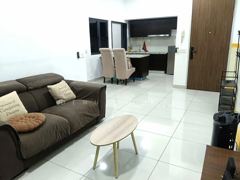 Living features: 3-seater fabric sofa in brown, decorative cushions, round coffee table with wooden top and gold legs, white tiled flooring, white painted walls, floor-to-ceiling windows, black window frames, wall-mounted TV, TV console, open layout to kitchen; style: modern. Kitchen features: kitchen island with seating, stainless-steel sink, built-in oven, cooktop, white cabinetry, grey countertop, refrigerator, tile backsplash; style: modern.