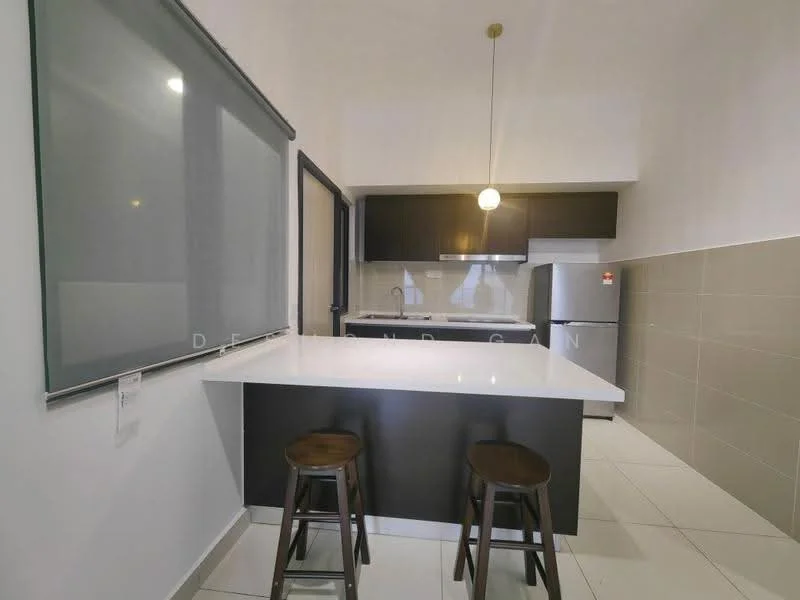 Kitchen features: white quartz countertop, black cabinetry, stainless-steel fridge, built-in oven, 4-burner gas hob, single-bowl stainless-steel sink, chrome pull-down faucet, pendant light, tile flooring, sliding glass door, window with roller blinds, bar stools; style: modern.