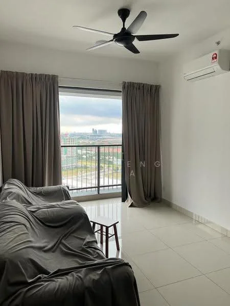 Living features: floor-to-ceiling windows, grey curtains, white walls, polished ceramic tile flooring, 5-blade ceiling fan, wall-mounted split AC, sofa covered with throw, small wooden chair; style: modern; view: city.