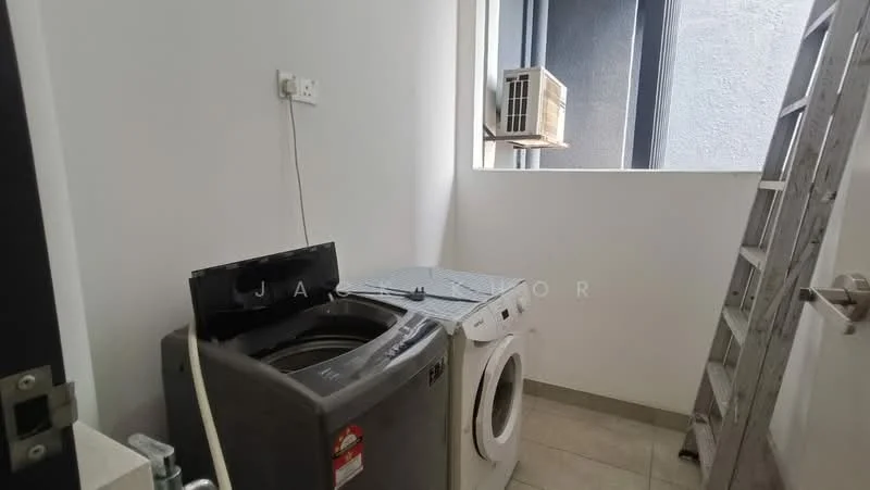 Laundry features: front-load washing machine, top-load washing machine, window with natural light, tile flooring, white walls, ladder, air conditioning unit, power outlet.